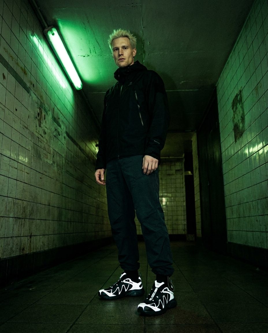 editorial shot in a green-lit tunnel